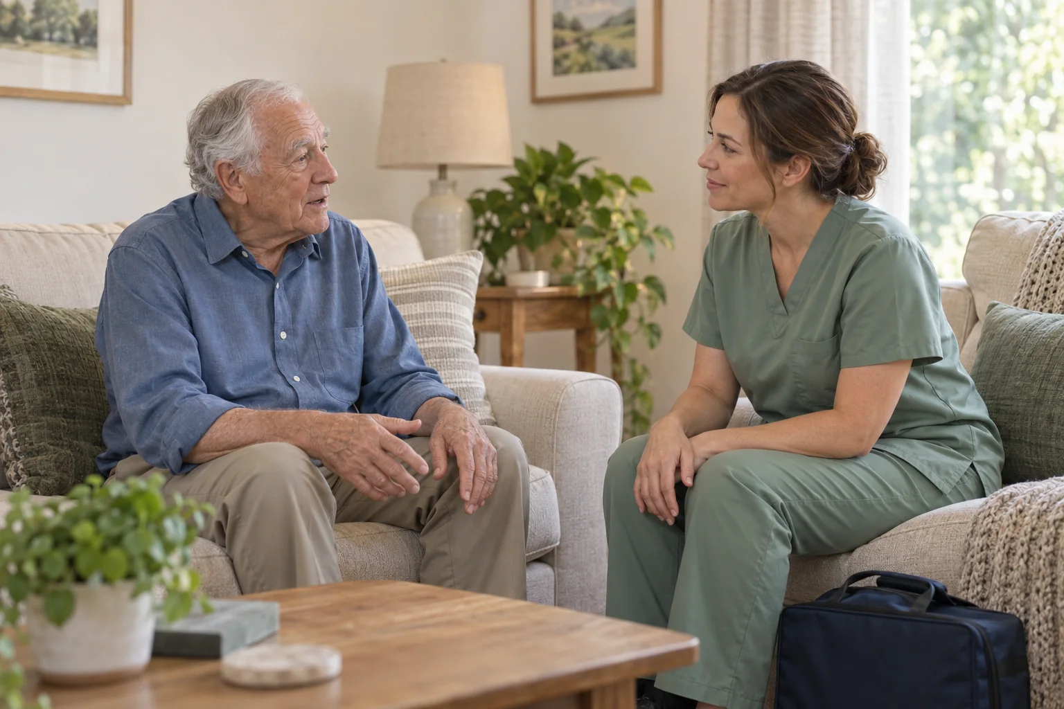 Illustrative scene of an older adult talking with a clinician during a home visit.
